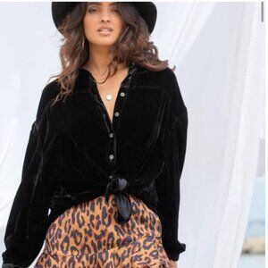 Free People La Luna Black Crushed Velvet Shirt Size Large Long Sleeve